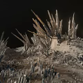 Spiky Rock Terrain With Gravel Surface And Irregular Crystalline Structures Against Dark Background