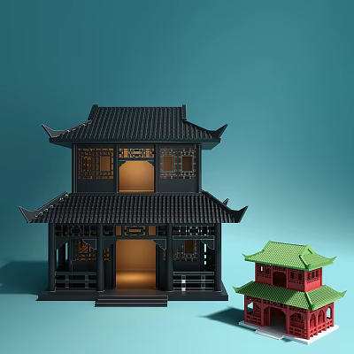 Traditional Chinese Architecture Themed Decorative Ornament Combination With Miniature Building Models 3d model