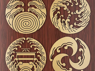 Golden Circular Carved Patterns On Wooden Background With Ornate Designs 3d model