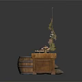 Rustic Wooden Table Setup With Barrel Stool Sack And Hanging Dried Plants