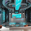 Modern Tech Inspired KTV Lounge Interior With Circular Screen Blue Lighting And Sofa Bar Counter