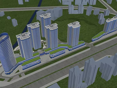 Modern Urban High Rise Building Complex With Green Spaces And Roads 3d model