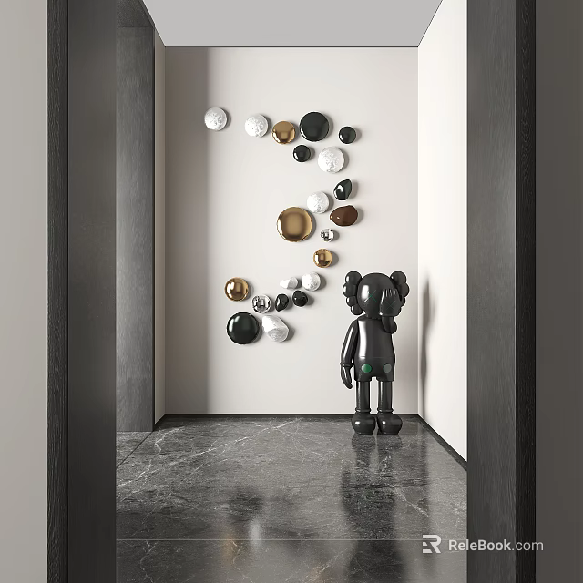 Modern Interior With Black Figurine Sculpture And Abstract Circular Wall Sculptures On Marble Floor 3d model 