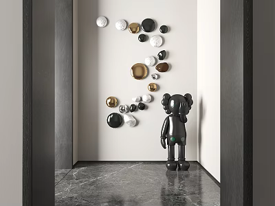 Modern Interior With Black Figurine Sculpture And Abstract Circular Wall Sculptures On Marble Floor 3d model