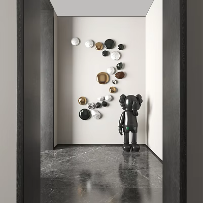 Modern Interior With Black Figurine Sculpture And Abstract Circular Wall Sculptures On Marble Floor 3d model