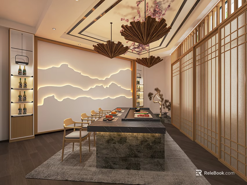 Japanese Style Private Room With Mountain Water Backdrop Wall Wooden Lattice Doors And Chandeliers 3d model 