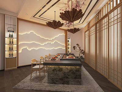 Japanese Style Private Room With Mountain Water Backdrop Wall Wooden Lattice Doors And Chandeliers 3d model
