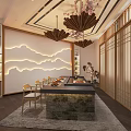 Japanese Style Private Room With Mountain Water Backdrop Wall Wooden Lattice Doors And Chandeliers