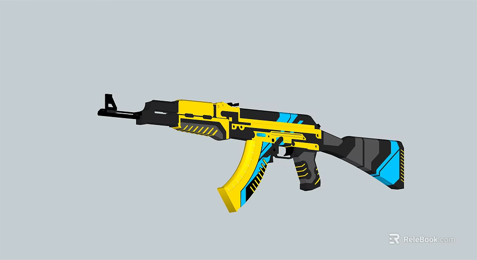 Yellow And Blue Tactical Rifle With Black Components And Modern Grip Design 3d model 