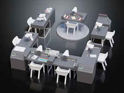 Modern Multiple Gray Workstations With White Chairs And Central Round Table Setup 3d model