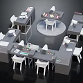 Modern Multiple Gray Workstations With White Chairs And Central Round Table Setup