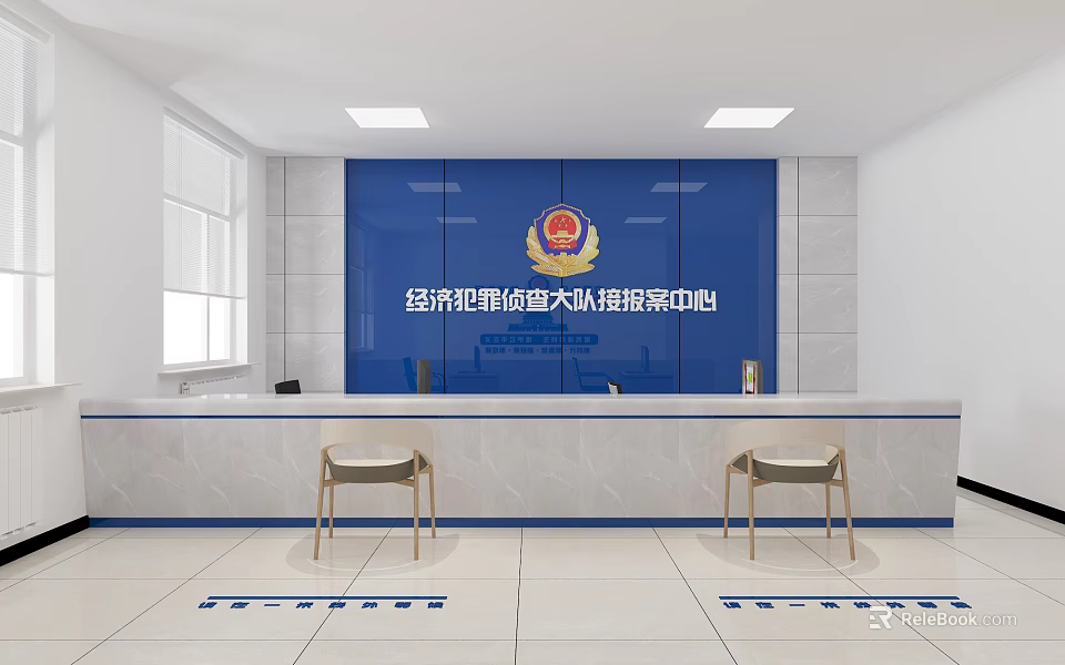 Service Hall Featuring Blue Background Wall Badge Reception Desk and Chairs for Case Reporting 3d model 