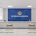 Service Hall Featuring Blue Background Wall Badge Reception Desk and Chairs for Case Reporting