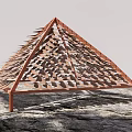 Triangular Landscape Pavilion With Orange Frame And Petal Shaped Hollow Out Design On Rocky Ground