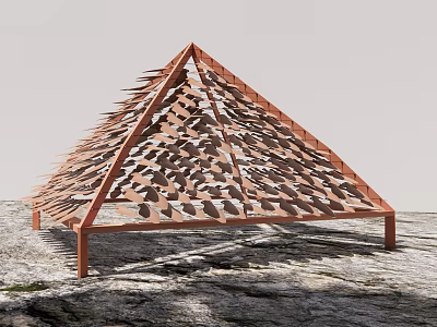 Triangular Landscape Pavilion With Orange Frame And Petal Shaped Hollow Out Design On Rocky Ground 3d model