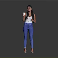 Woman Wearing White Tank Top Blue Jeans High Heels Holding White Cup Against Gray Background
