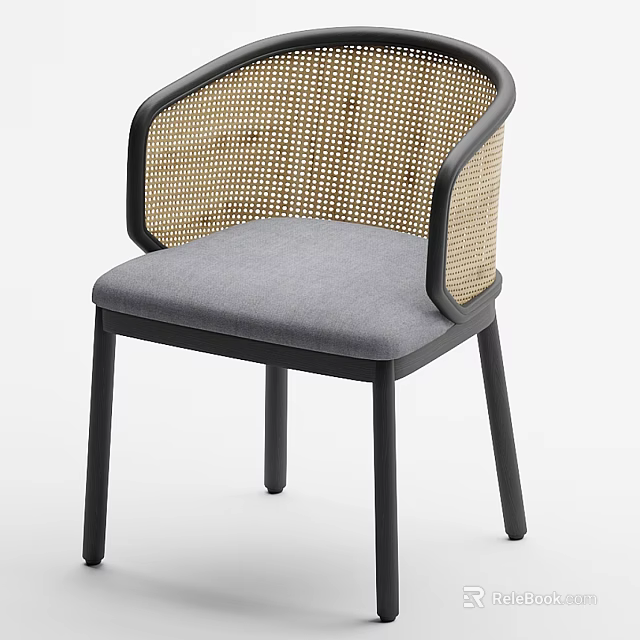 Modern Dining Chair With Woven Backrest Armrest Gray Padded Seat And Black Frame 3d model 