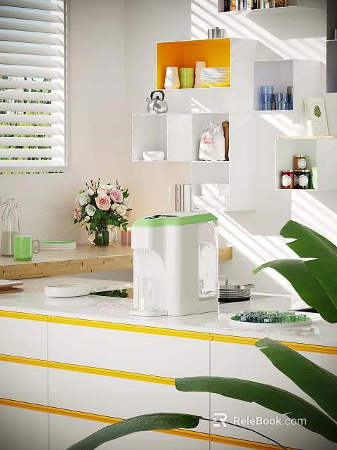 Modern White Kitchen with Kitchen Utensils Water Dispenser White Cabinets and Bouquet on Countertop 3d model 