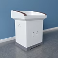 Functional White Desk With Brown Edge Top Gray Base Cabinet Doors And Silver Handles