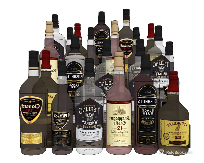 Assorted Whisky Bottles And Glasses With Various Brands And Colors 3d model 