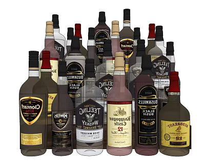 Assorted Whisky Bottles And Glasses With Various Brands And Colors 3d model