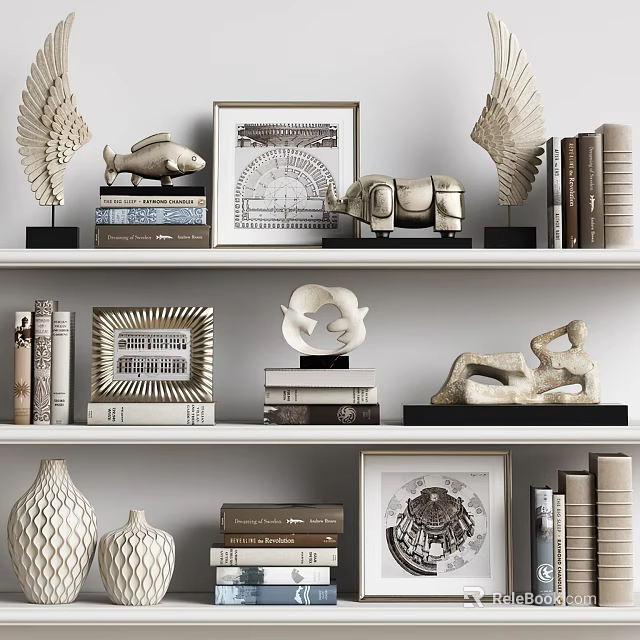 Elegant Decorative Ornament Collection With Wing Rhinoceros Sculptures Frames Books And Vases For Shelf 3d model 