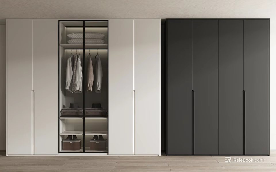 Modern Wardrobe Design Featuring Glass Door Cabinet Hanging Clothes Folded Garments And Shoes 3d model 