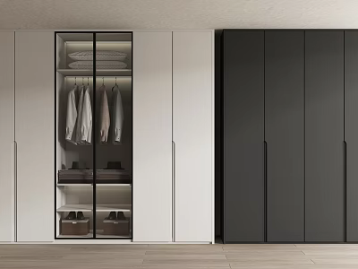 Modern Wardrobe Design Featuring Glass Door Cabinet Hanging Clothes Folded Garments And Shoes 3d model