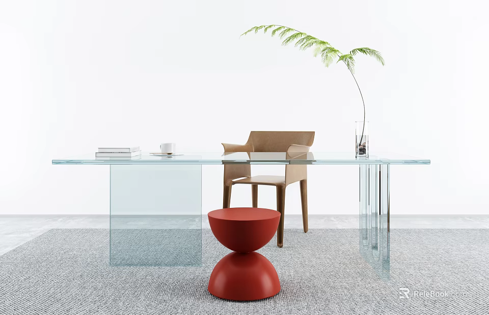 Modern Glass Desk With Brown Chair Red Stool Books Cup And Green Plant 3d model 