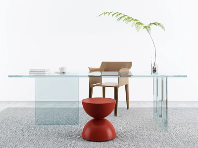 Modern Glass Desk With Brown Chair Red Stool Books Cup And Green Plant 3d model