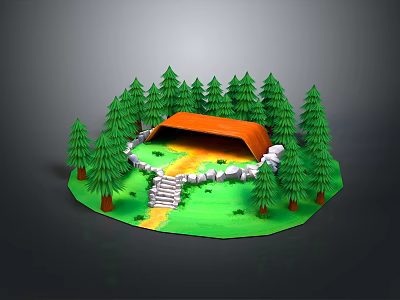 Scenic Forest Landscape With Orange Roofed Cabin Green Pine Trees Yellow Path And Stone Steps 3d model