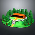 Scenic Forest Landscape With Orange Roofed Cabin Green Pine Trees Yellow Path And Stone Steps