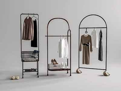 Modern Metal Arc Coat Racks with Hanging Clothes Shoes and Storage Basket 3d model