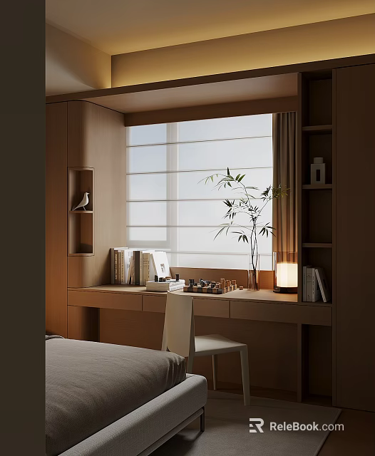Modern Bay Window Area With Roller Blinds Wooden Desk Chair And Bamboo Plant 3d model 