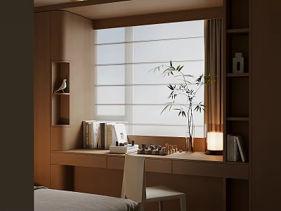 Modern Bay Window Area With Roller Blinds Wooden Desk Chair And Bamboo Plant 3d model
