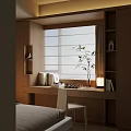 Modern Bay Window Area With Roller Blinds Wooden Desk Chair And Bamboo Plant