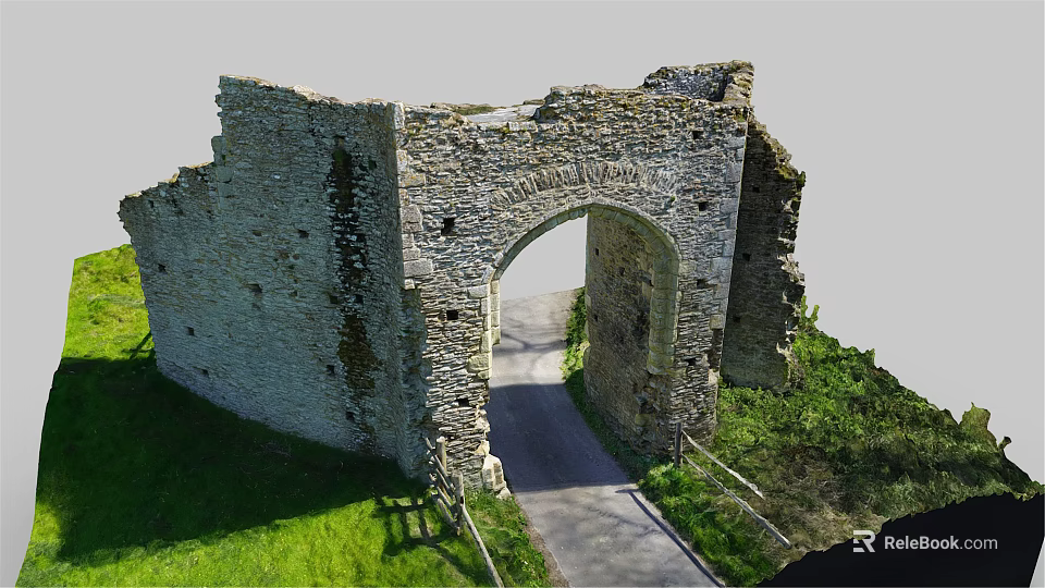 Ancient Stone Arch Ruins In Countryside With Green Grass And Pathway 3d model 