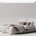 Modern Minimalist Upholstered Double Bed With Neutral Pillows And Striped Blanket Design