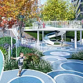 Colorful Children's Play Area with Circular Slide White Railings and Green Plants