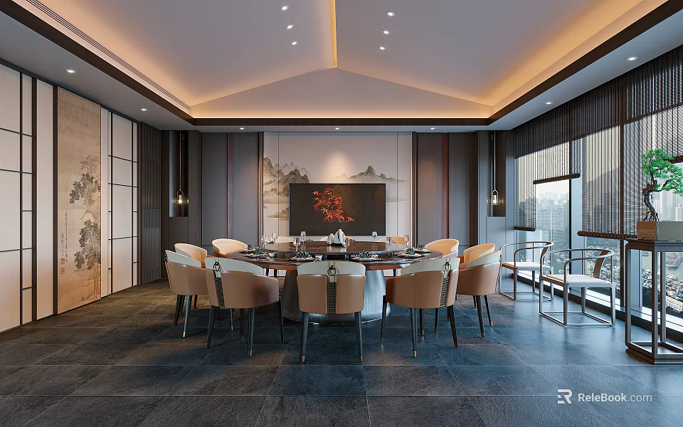 Private Dining Room Interior With Round Table Chairs Decorative Painting And Elegant Windows 3d model 