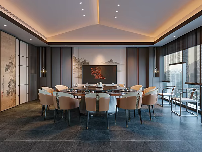 Private Dining Room Interior With Round Table Chairs Decorative Painting And Elegant Windows 3d model