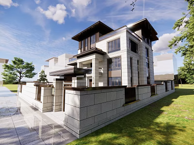 Modern Detached Villa Exterior With Stone Facade Large Windows Green Lawn And Trees 3d model
