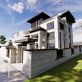 Modern Detached Villa Exterior With Stone Facade Large Windows Green Lawn And Trees