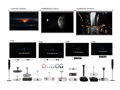 Projection Monitoring Equipment With Various Projectors Screens Mounts And Accessories 3d model