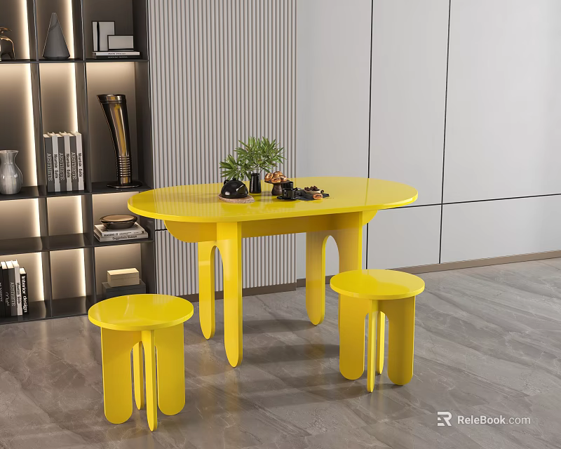 Modern Yellow Round Dining Table Set with Matching Stools in Contemporary Space 3d model