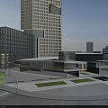 Modern Commercial Street With Glass Curtain Walls Open Wooden Deck And Glass Railings