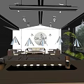 Modern Tea Room Interior With Wooden Table Tea Set Sofa Chairs And Green Plants
