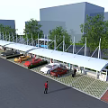 Electric Vehicle Charging Station Canopy With Charging Ports Parked Red Car And Green Grid Pavement