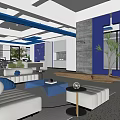 Modern Co working Space with White Sofas Blue Accents Wooden Elements and Green Plants 3d model