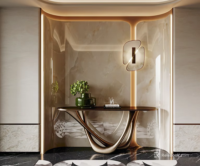 Modern Entryway Hallway Design With Marble Walls Stylish Console Table Green Plants And Wall Lamp 3d model 
